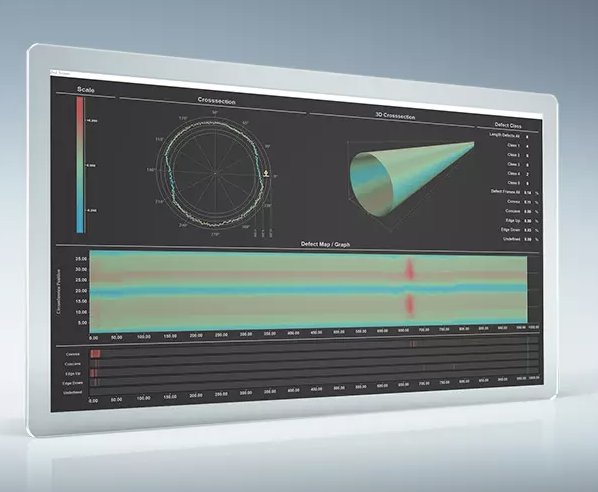 Monitor z interfejsem oprogramowania SMART CORE PRO — przekrój profilu, wizualizacja 3D i mapa defektów