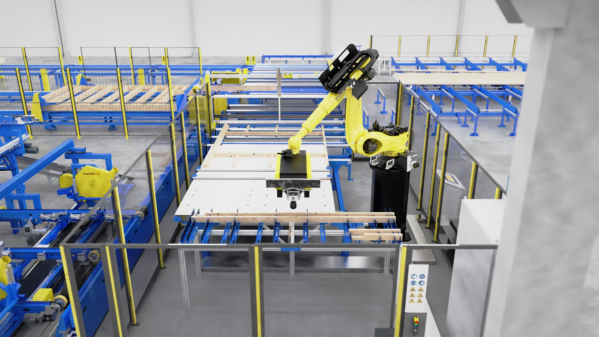 Robot ZeroLabor przy stole montażowym Sub-Assembly podczas składania panelu ściennego
