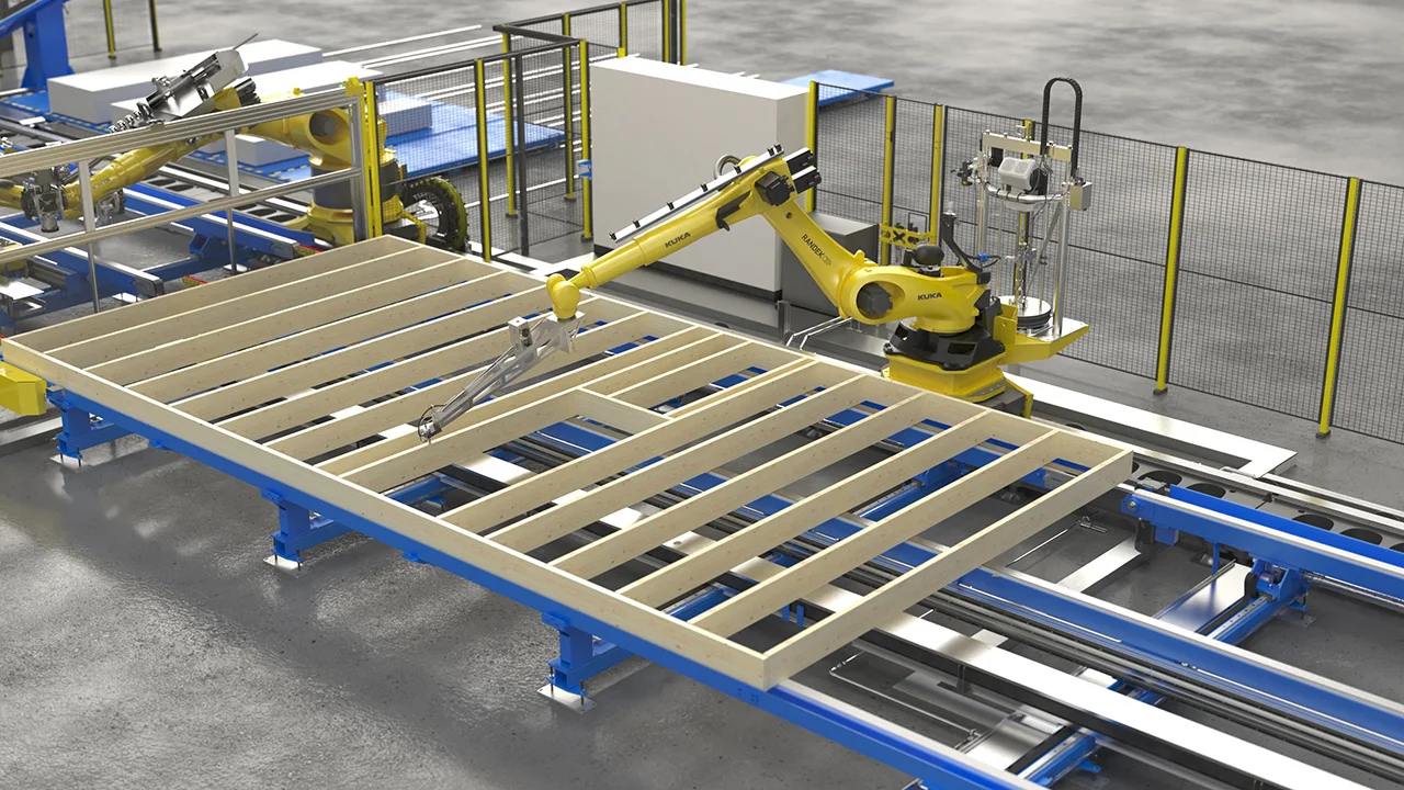 Robot KUKA w komórce ZeroLabor Robotic Gluing nakładający klej na prefabrykowany element drewniany