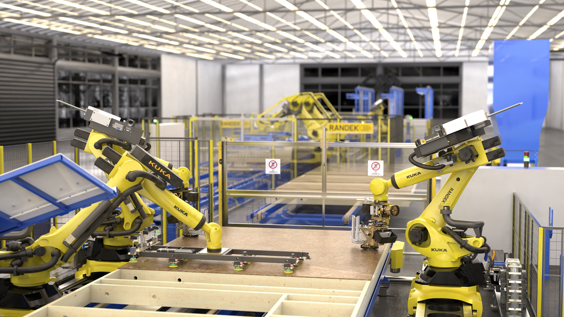 Dwa roboty KUKA układające płytę poszycia na elemencie konstrukcyjnym w komórce ZeroLabor