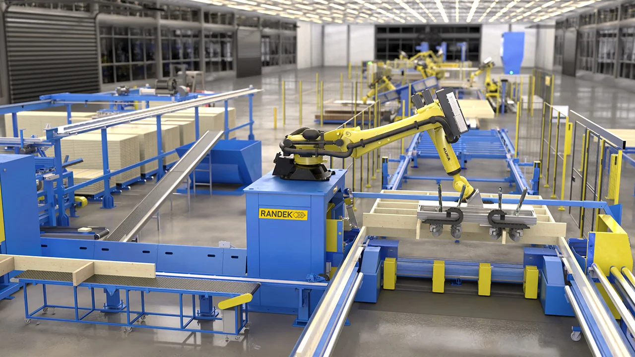 Robot Randek ZeroLabor Framing ustawiający słupki w ramie ściany drewnianej